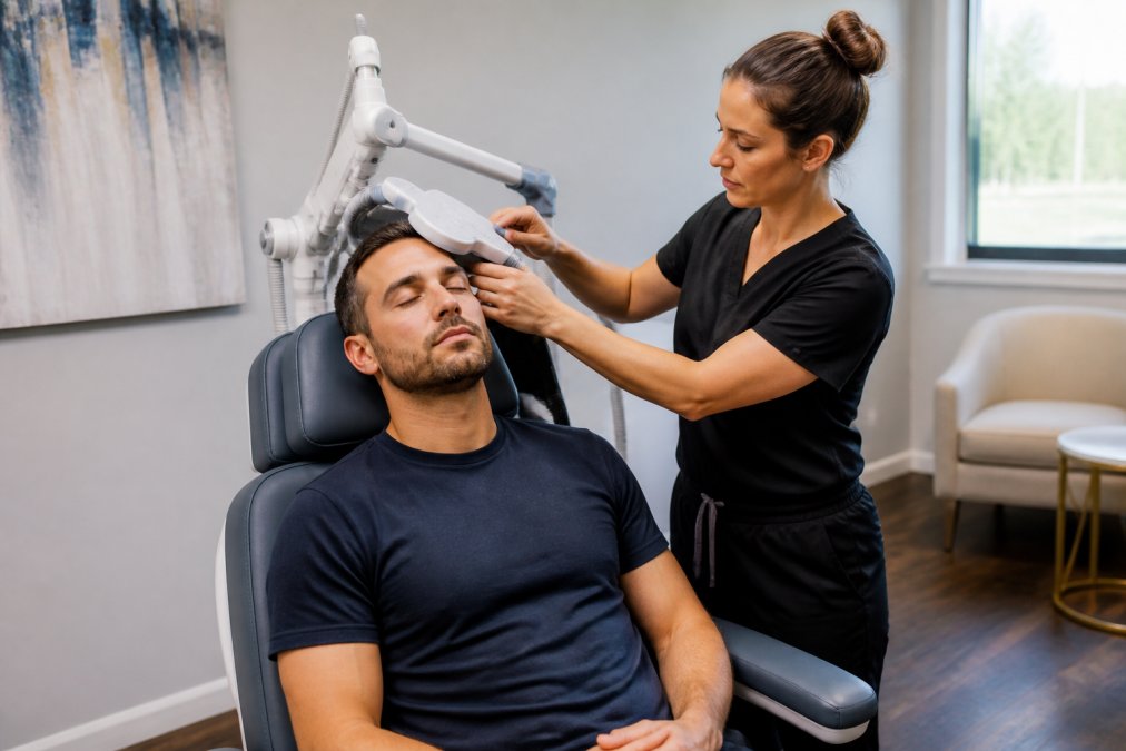 A patient seated in a comfortable clinical chair during a TMS session, with a healthcare provider adjusting the magnetic coil device positioned against the patient's scalp in a modern, well-lit treatment facility