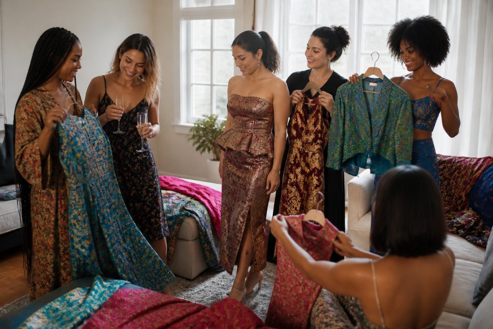 Group of women gathered in a bright living room examining and trying on formal dresses together, with garments draped over furniture and hangers, natural afternoon lighting through windows