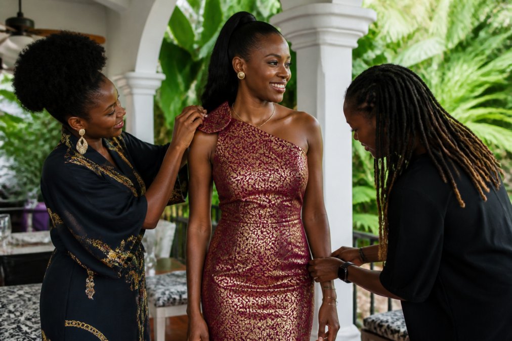 Woman wearing an elegant, tailored formal dress in rich jewel tones, standing confidently with composed posture, showcasing the quality drape and craftsmanship of the garment in natural lighting