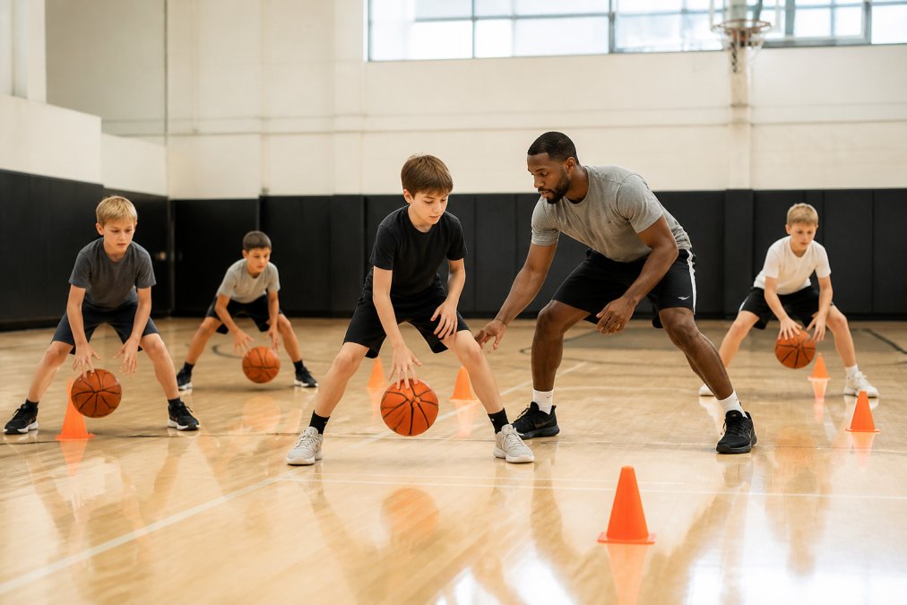 Young beginner basketball players practicing fundamental footwork drills on a court with a supportive coach demonstrating proper stance in a bright gymnasium