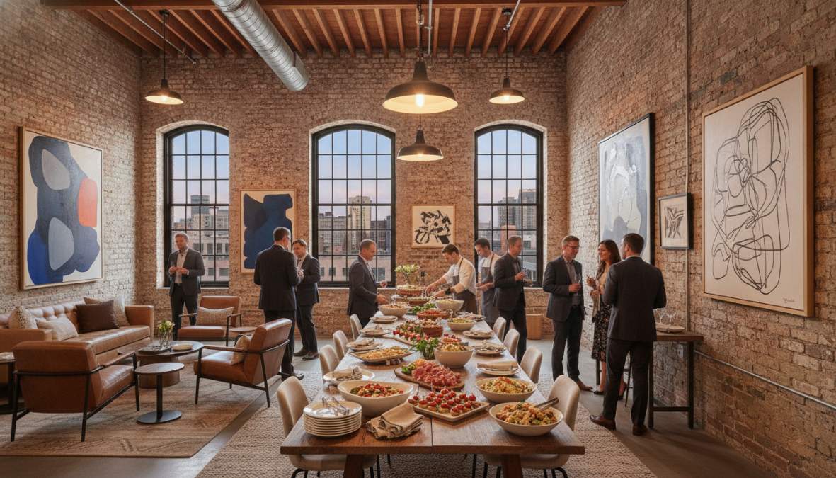 A diverse group of professionals networking and dining in a bright, modern creative gallery space with exposed brick walls, contemporary artwork, and warm ambient lighting