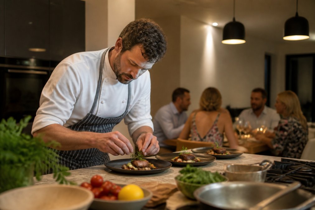 Professional chef plating an elegant dish in a home kitchen with warm lighting and fresh ingredients visible on the counter, while guests sit at a dining table in the soft-focused background