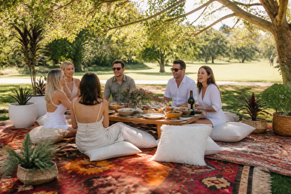 Beautifully arranged outdoor picnic setup with guests seated on cushions around a low table, colourful rugs and plants visible, park scenery and natural daylight in the background