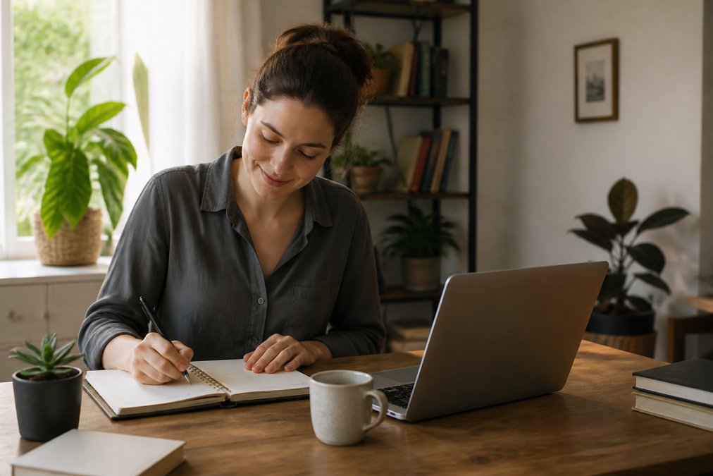 Focused person working at a bright desk with a planner, balancing tasks instead of following rigid daily routines.