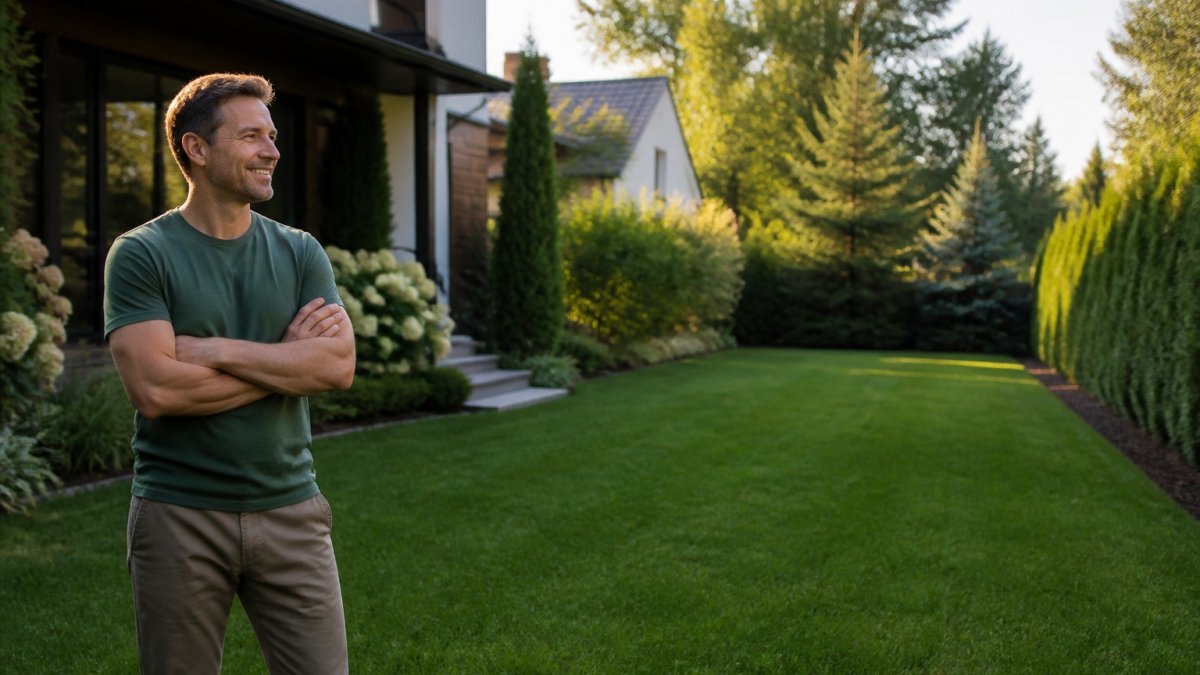 Homeowner standing in a well-maintained yard with lush green grass and healthy shrubs, looking satisfied and relaxed in natural afternoon sunlight