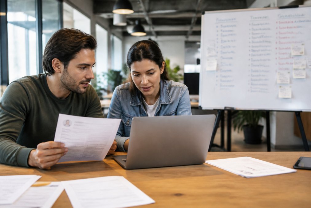 Two startup founders reviewing CVs and hiring notes as alternatives to RPO in a modern office space