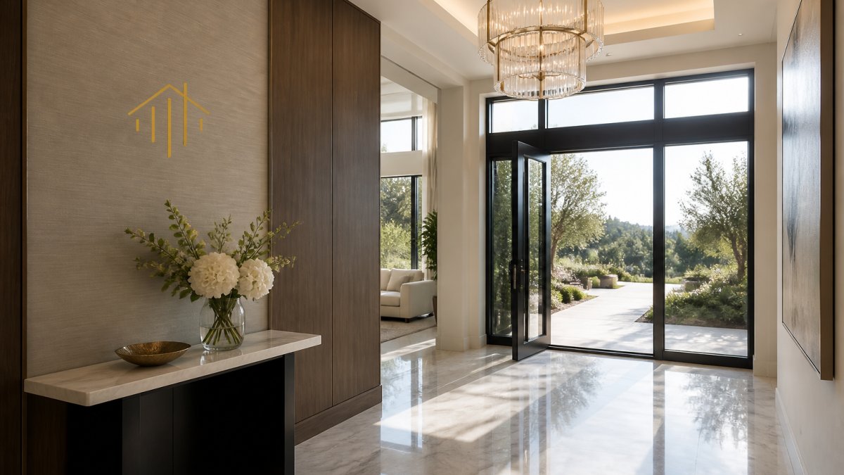 Elegant luxury home's bright entryway with marble flooring, modern chandelier, and professional staging with fresh flowers on console table, photographed with natural light from floor-to-ceiling windows