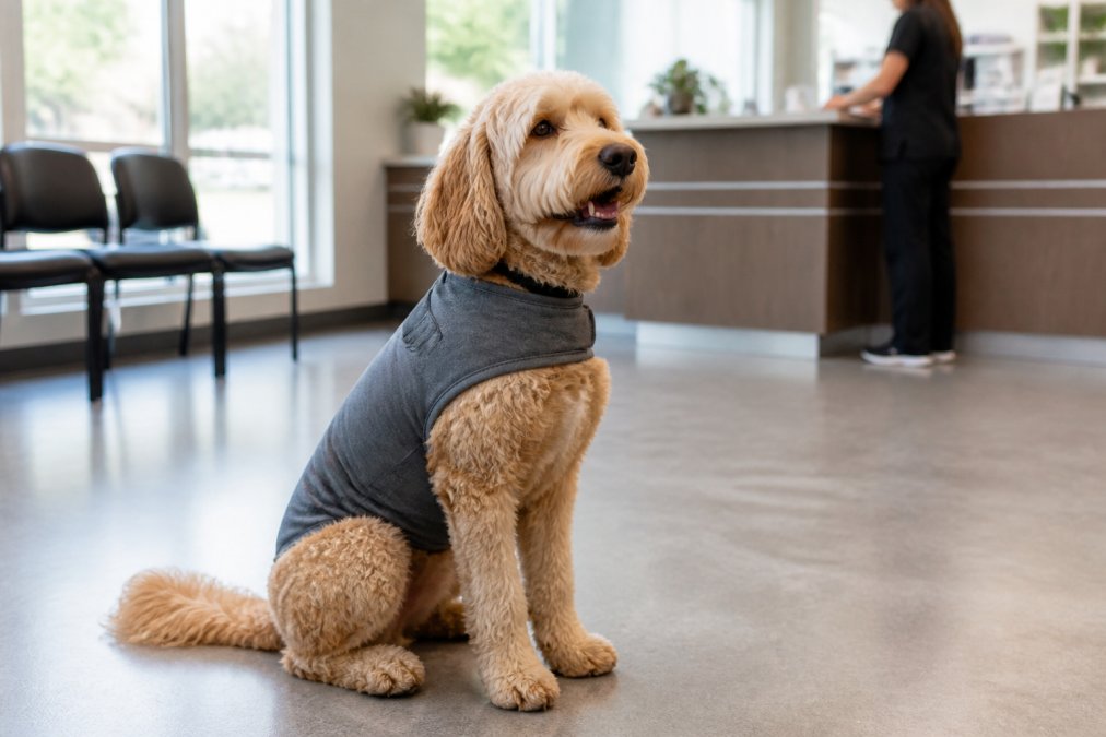 Calm dog wearing a ThunderShirt anxiety wrap sitting peacefully in a veterinary waiting room with soft natural lighting filtering through windows