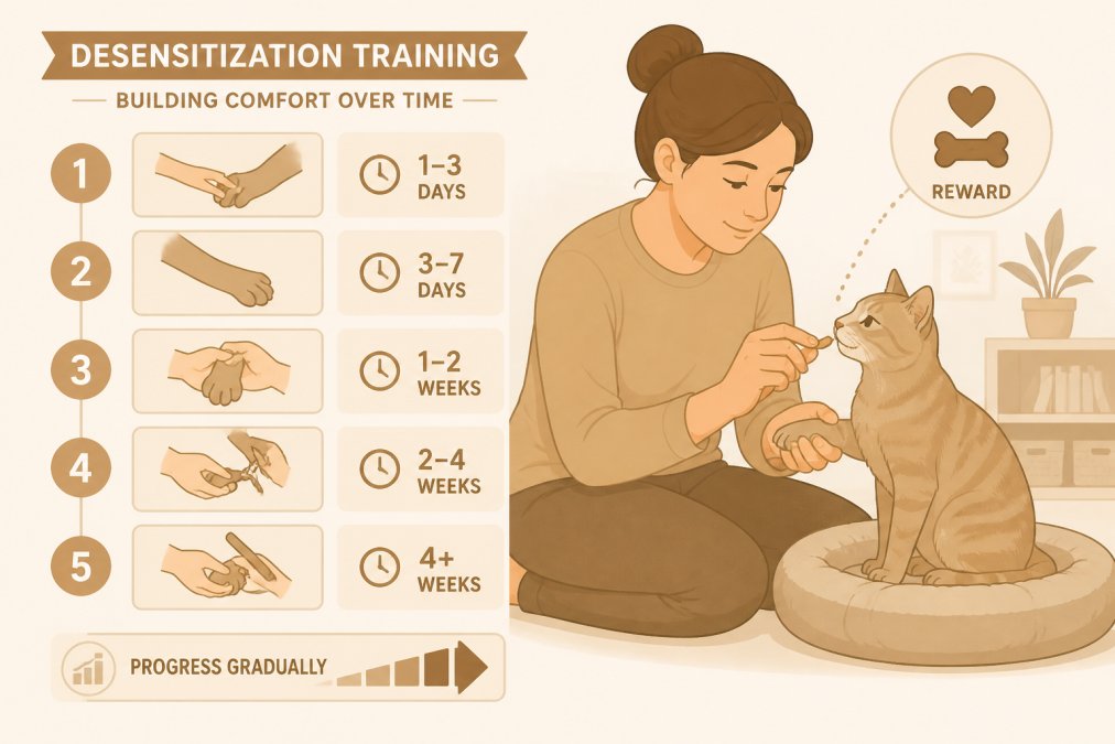 Pet owner gently handling a cat's paws during a training session at home, showing positive reinforcement with a treat in soft natural home lighting