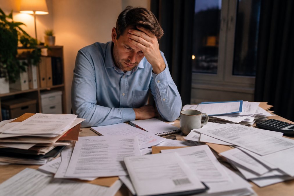 A landlord sitting at a cluttered desk late in the evening, surrounded by tenant complaint letters, maintenance invoices, and HMO compliance documents, looking visibly stressed