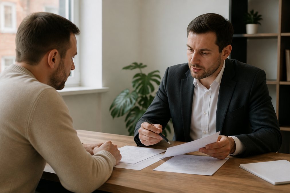 A professional property manager meeting with a landlord client in a modern office environment, both reviewing documents and discussing property management strategy at a wooden desk