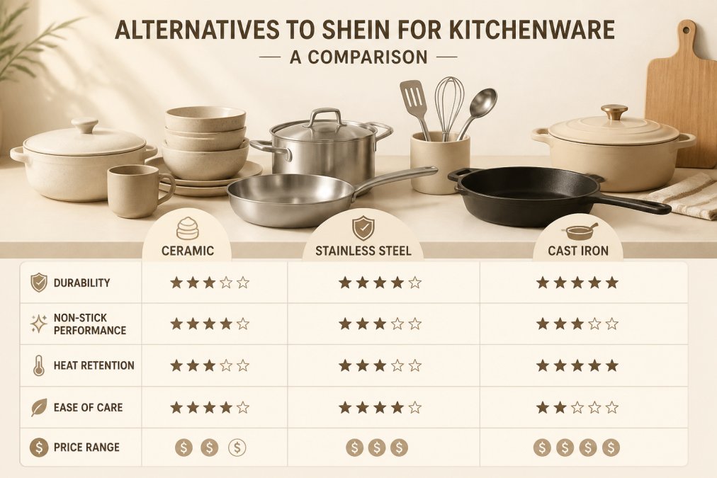 Close-up of various kitchen cookware and utensils arranged on a clean countertop, showing different materials like ceramic stainless steel and cast iron with natural morning light streaming across the surfaces