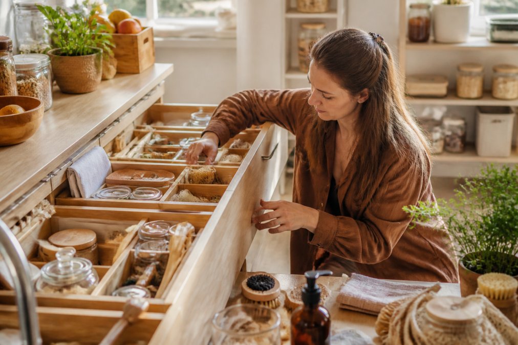 Person organizing kitchen essentials in drawers and cabinets displaying minimalist storage with eco-friendly items and natural materials in bright morning light