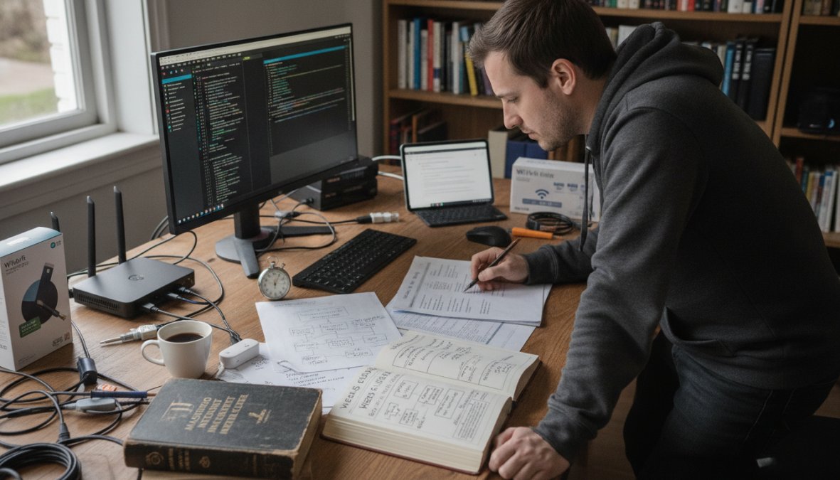 A web developer or business owner reviewing website performance metrics on a laptop screen, with a focused expression analysing data displayed in charts and graphs