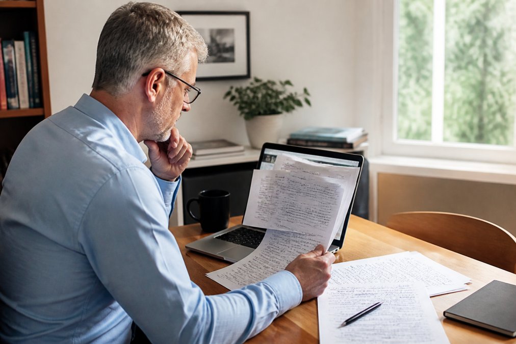 Investor reviewing earnings call transcripts for sentiment analysis alternatives in a modern home office