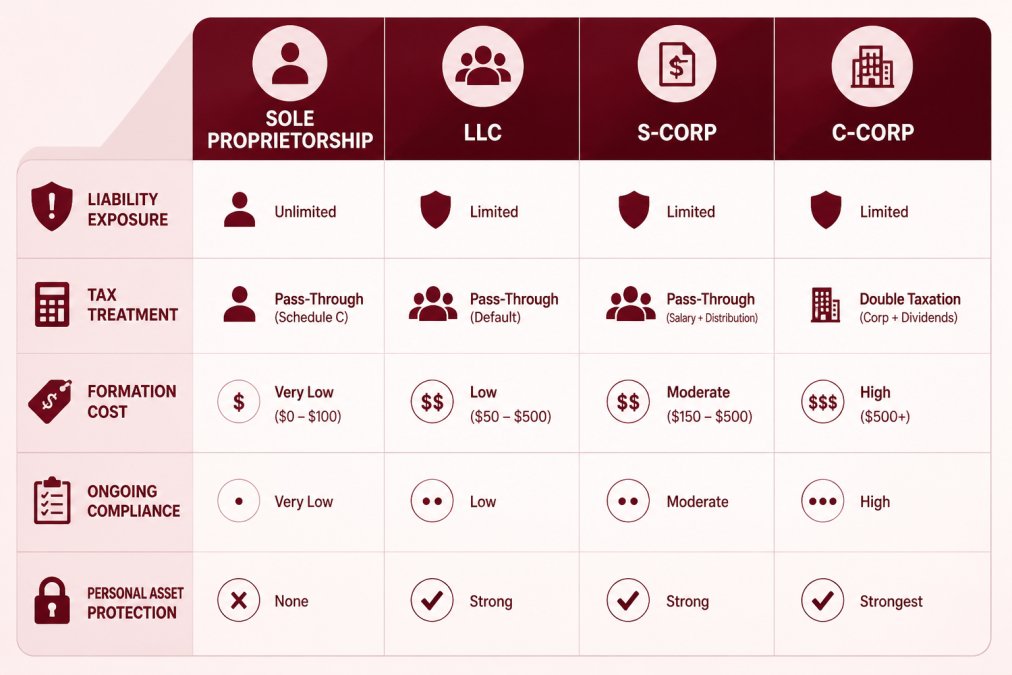 Comparison matrix showing sole proprietorship vs LLC vs S-Corp vs C-Corp across liability exposure, tax treatment, formation cost, ongoing compliance, and personal asset protection