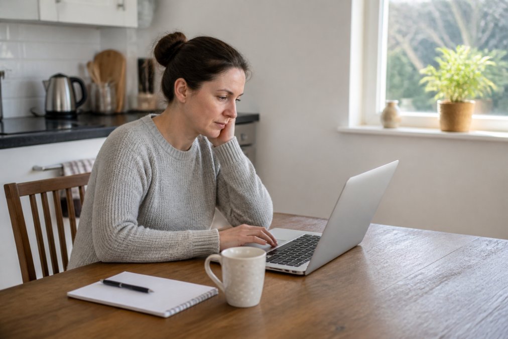 A person sitting at a kitchen table with a laptop, reviewing online Simple Procedure forms, a notepad and pen beside a cup of tea, soft morning light through a window