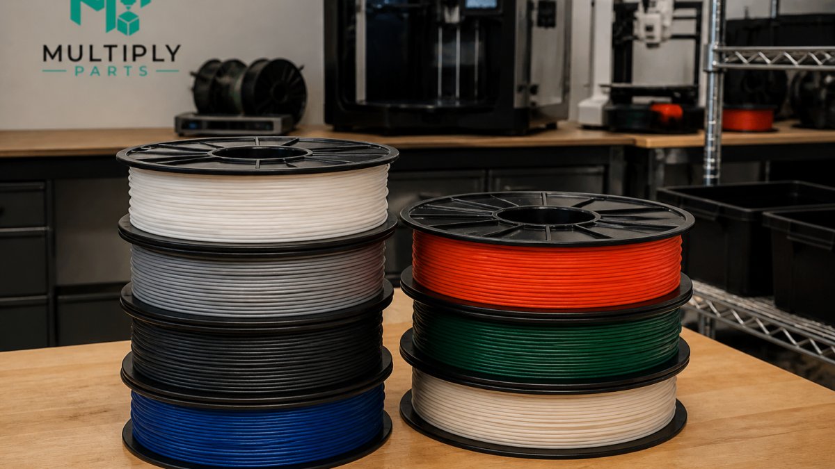 Alternatives to Standard ABS for Industrial Parts 2 Colorful industrial-grade filament spools arranged on a workbench as alternatives to standard ABS for industrial parts
