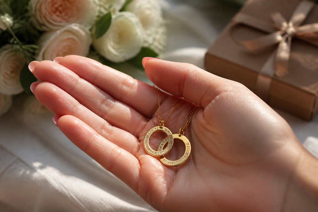 Close-up of a woman's hand holding an elegant personalized necklace with custom engraved details catching natural sunlight, showcasing the fine craftsmanship and personalization