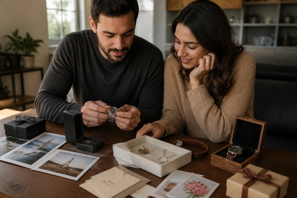 A couple sitting together at a wooden table in warm natural lighting, thoughtfully examining and discussing various gift options spread before them, including jewelry, experience vouchers, and personalized items