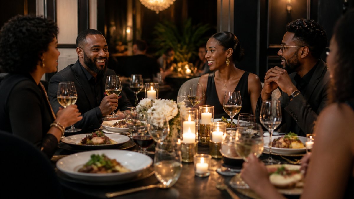 Adults gathered around an elegantly set dinner table with wine glasses, candlelight, and refined plating in an upscale dining atmosphere