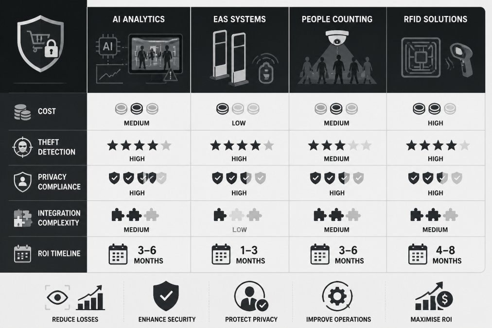 Comparison matrix of technology alternatives to standard CCTV: AI Analytics (cost medium, theft detection high, privacy compliance high, integration medium, ROI timeline 3-6 months), EAS Systems (cost low, theft detection high, privacy compliance high, integration low, ROI timeline 1-3 months), People Counting (cost medium, theft detection medium, privacy compliance high, integration medium, ROI timeline 6-12 months), RFID Inventory (cost high, theft detection high, privacy compliance medium, integration high, ROI timeline 6-12 months)
