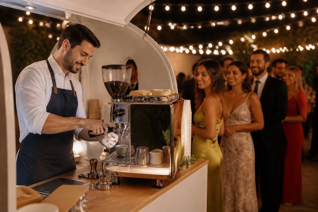 A professional barista in a crisp apron pulling a shot of espresso on a polished mobile espresso cart, with a line of smiling wedding guests waiting in a warmly lit reception venue, string lights overhead