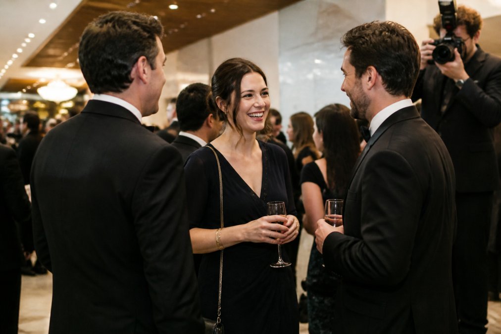 Event attendees in professional attire engaged in animated conversation at a gala, with a photographer discretely positioned in the background capturing the moment with natural lighting from ceiling fixtures
