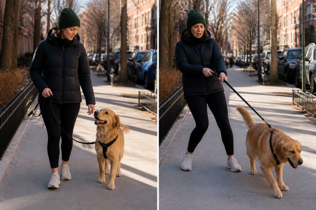Dog wearing a front-clip harness walking calmly beside handler on urban sidewalk, handler's posture relaxed with leash held at waist level, morning light casting shadows