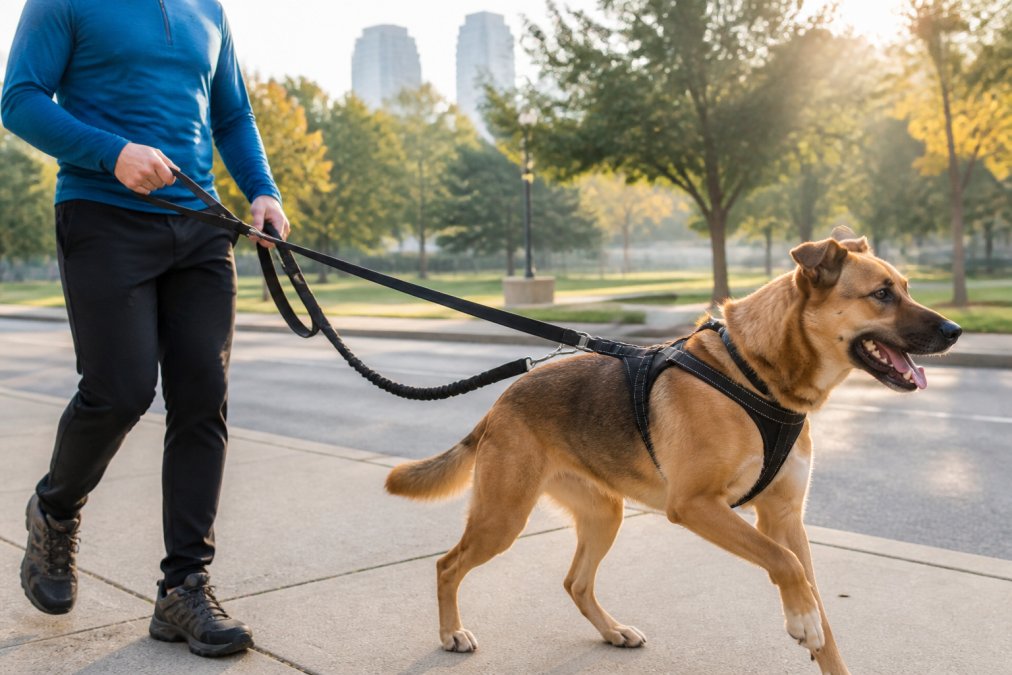Handler holding multi-handle leash with proper grip, large dog wearing front-clip harness with bungee attachment showing shock-absorbing coils, urban park setting with morning light
