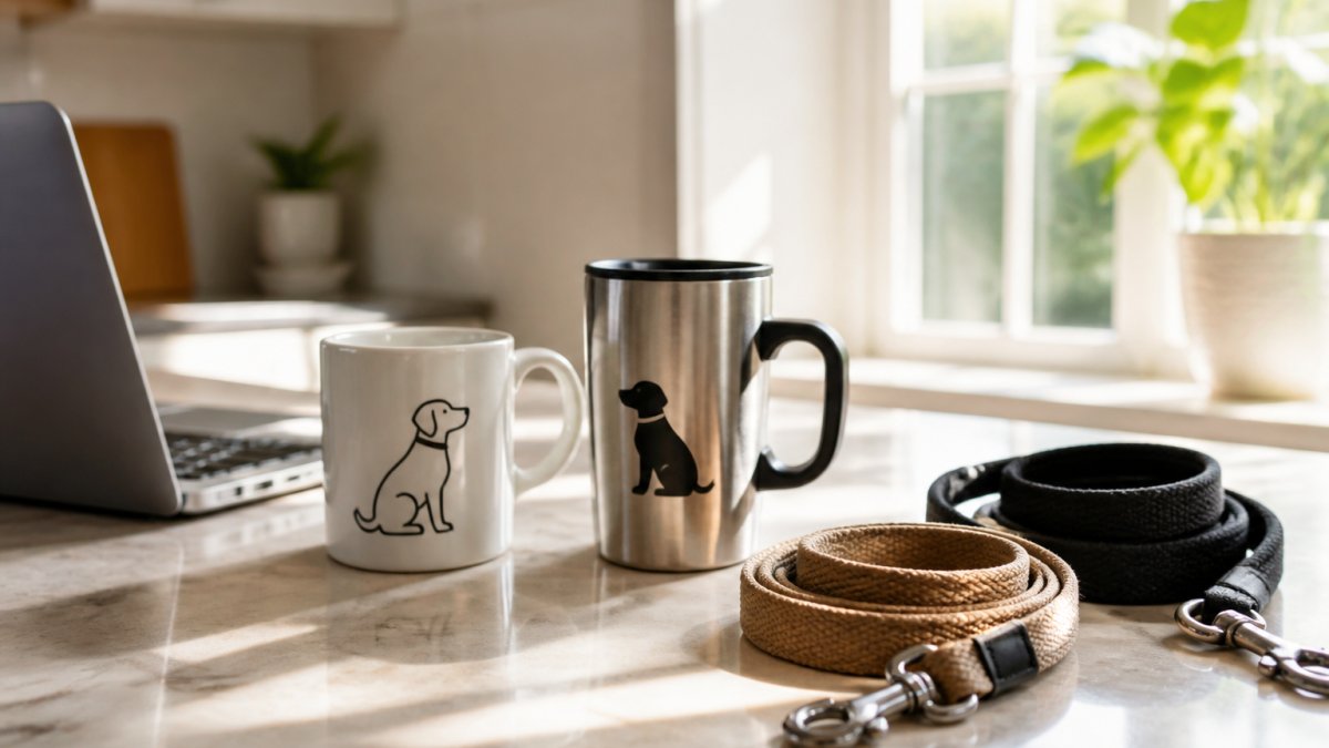 A white ceramic dog-themed coffee mug and a stainless steel travel mug with handle sitting on a kitchen counter beside a laptop and two coiled dog leashes, soft morning light through a window