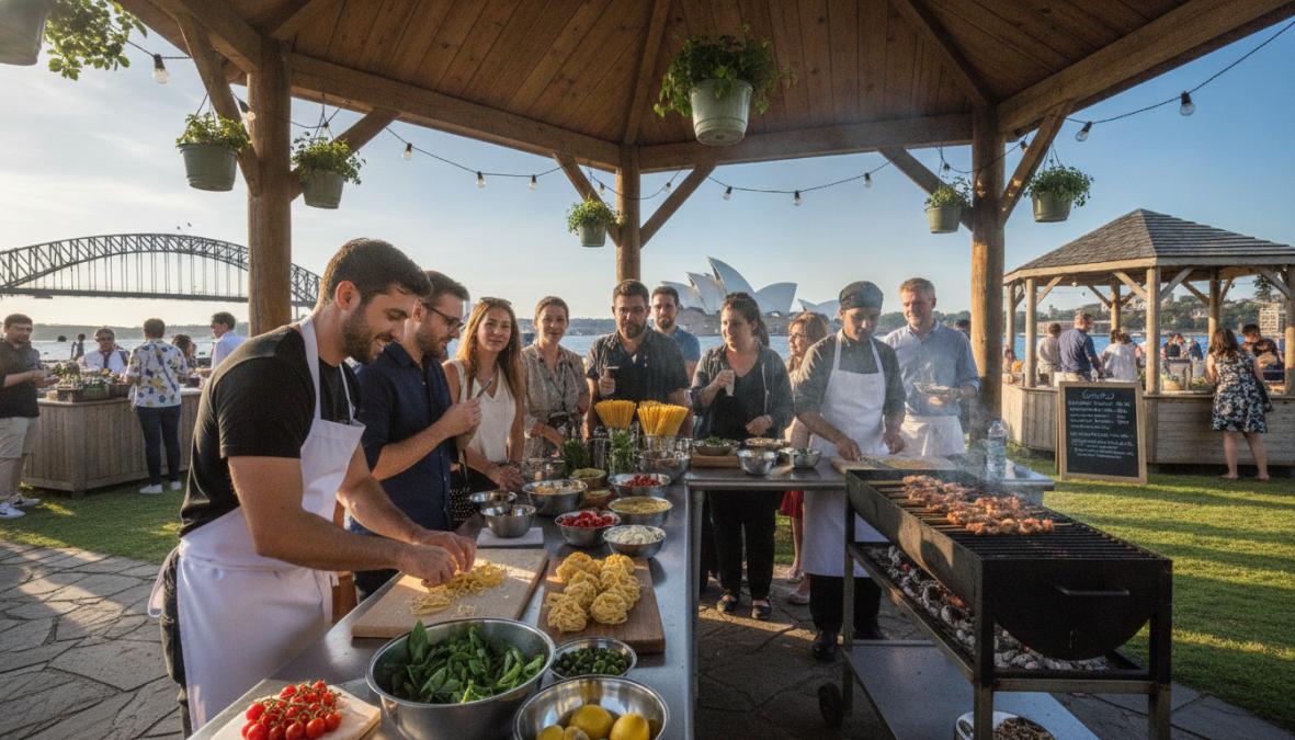 Chef preparing fresh made-to-order food at a live food station during an event, with guests gathering around watching the action, observing the culinary preparation in real-time