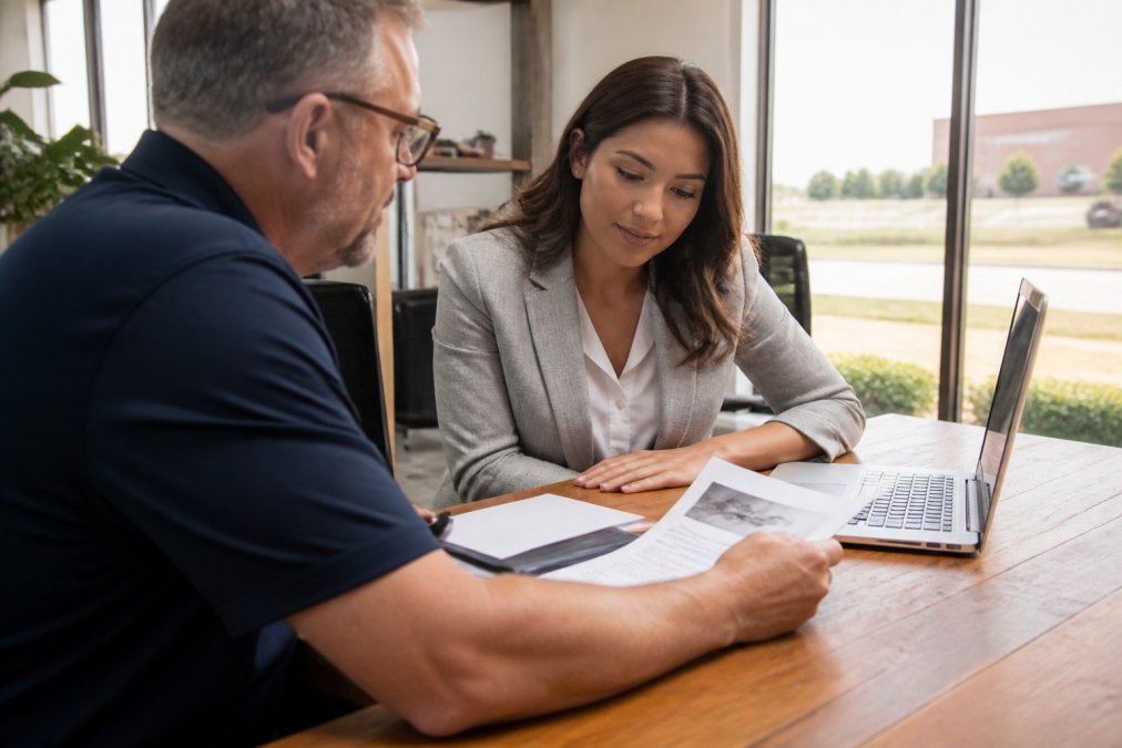 A Texas small business owner reviewing commercial insurance paperwork with an independent agent at a wooden desk, laptop showing a quote comparison, warm afternoon light through office windows