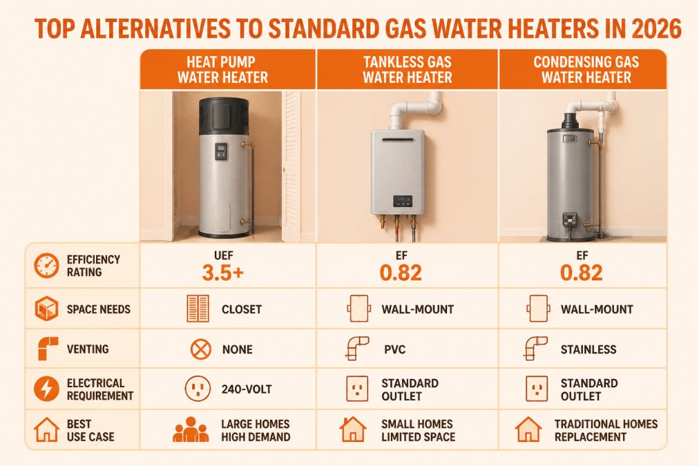 Comparison matrix of heat pump, tankless gas, and condensing gas water heaters showing efficiency ratings (UEF 3.5+ vs 0.82 EF), space needs (closet vs wall-mount), venting (none vs PVC vs stainless), electrical requirements (240-volt vs standard outlet), and best use case