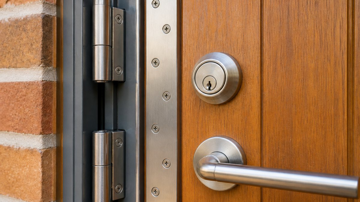 Close-up of a modern front door showing multiple security features including a deadbolt lock, door reinforcement plate with visible screws, and heavy-duty security hinges installed on a solid wooden residential door with natural daylight illumination