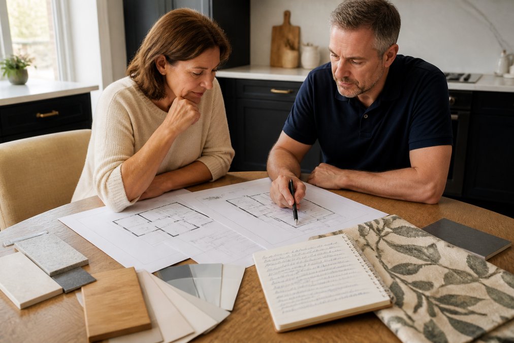 A homeowner and a builder reviewing printed floor plans and a project schedule on a kitchen table, surrounded by material samples and a notepad with handwritten notes