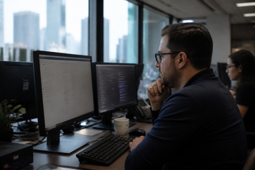 A professional IT team in a modern Los Angeles network operations center, monitoring a large wall of screens displaying system dashboards and security alerts in dim ambient lighting