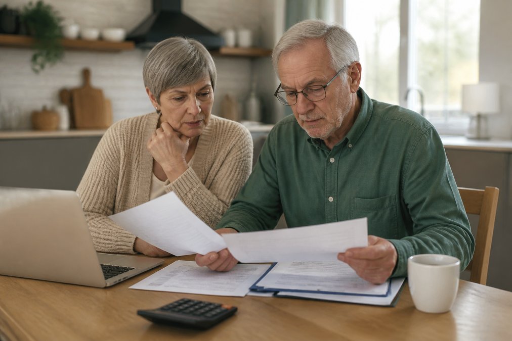 Mature couple reviewing insurance documents and comparing plan options at a kitchen table with a laptop, papers, and coffee in natural daylight