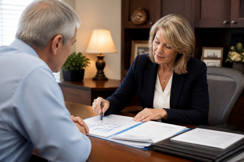 Financial advisor meeting with a client in a professional office to discuss healthcare coverage options, with charts and documents on the desk, warm office lighting
