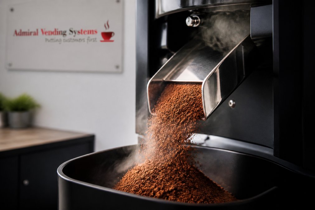 Close up of freshly ground coffee beans cascading from a commercial bean to cup machine grinder, showing rich brown colour and texture of premium roasted beans with steam rising