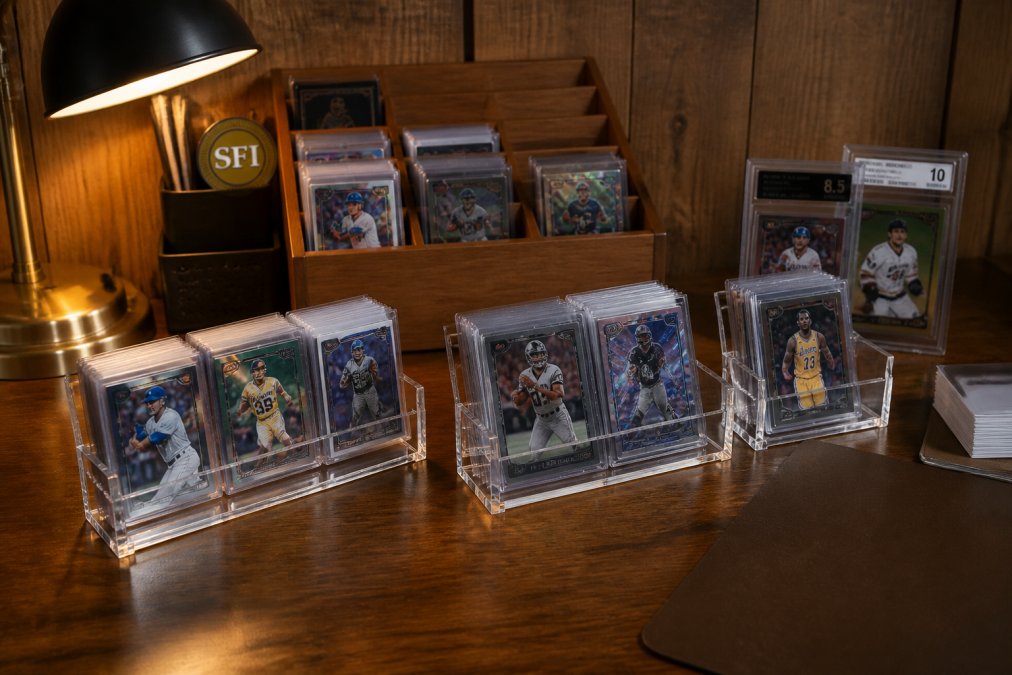 Professional illustration showing wooden and desk and business concepts for alternatives to standard plastic card stands