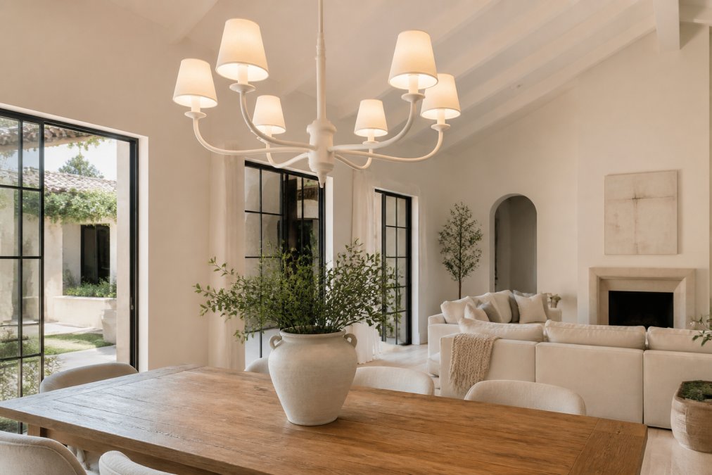 Diagram comparing sculptural chandeliers as alternatives to standard recessed lighting for homes in dining areas