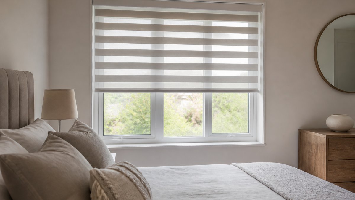 A calm bedroom interior with a made-to-measure day and night blind drawn halfway down a window, soft daylight diffusing through the dual-layer fabric, neatly made bed in the foreground