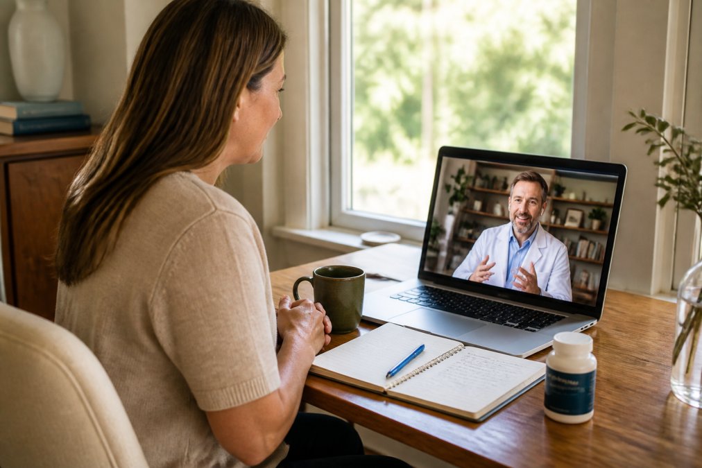 A woman in her 40s sitting at a home desk with a laptop, having a video consultation with a doctor, notebook and thyroid supplement bottle nearby, warm natural light through a window