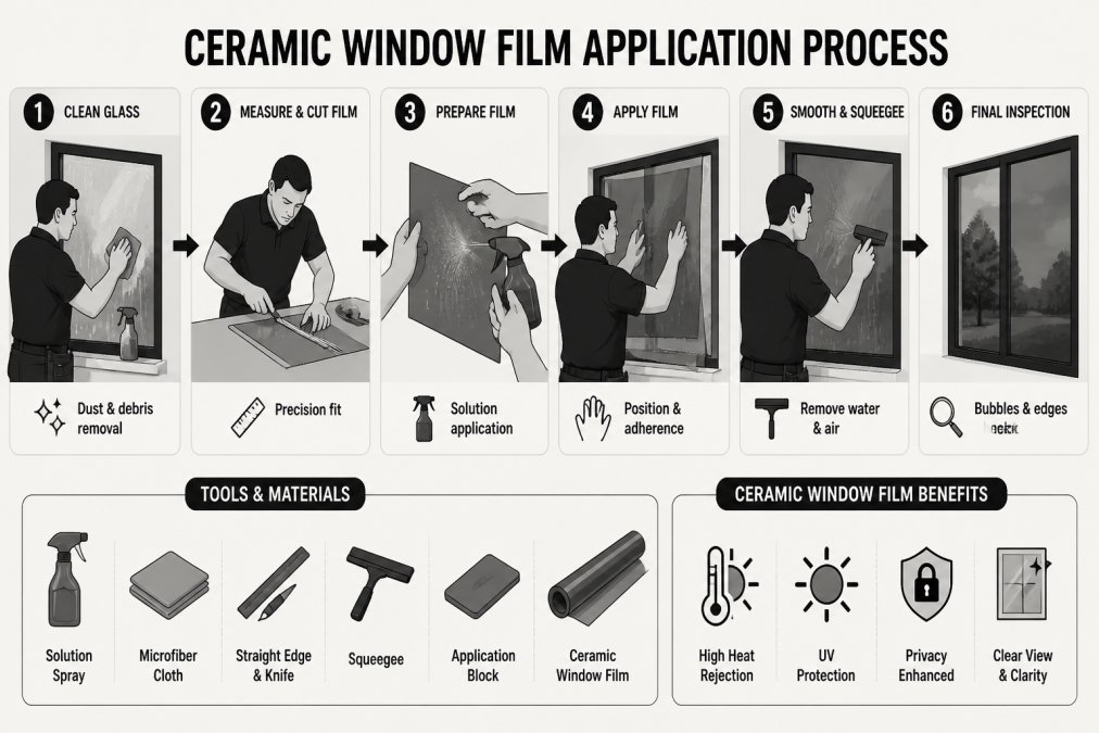 Professional demonstrating ceramic window film application on residential window, showing the installation process with film clarity and precision technique