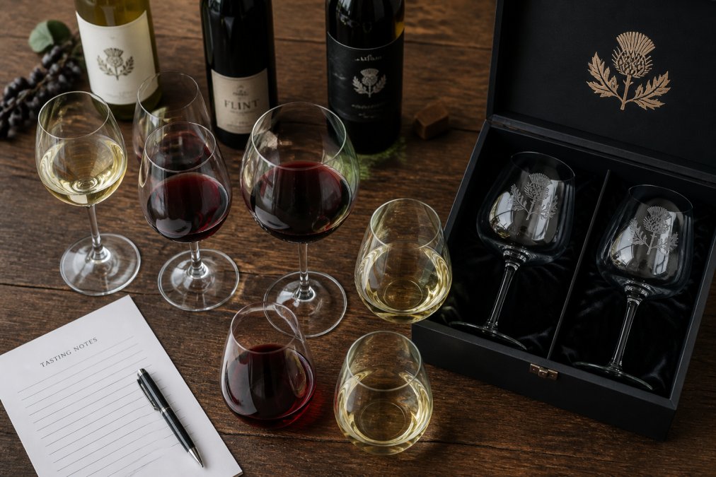 Overhead flat-lay arrangement of multiple wine glasses in different styles, universal crystal, stemless, hand-blown, and machine-made options, arranged on a wooden table with wine bottles, tasting notes, and etched branded glasses displayed prominently