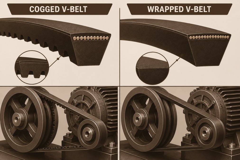 Close-up side-by-side comparison of a cogged V-belt showing evenly spaced grooved teeth and a wrapped V-belt with smooth surface, with industrial machinery and pulleys visible in the background