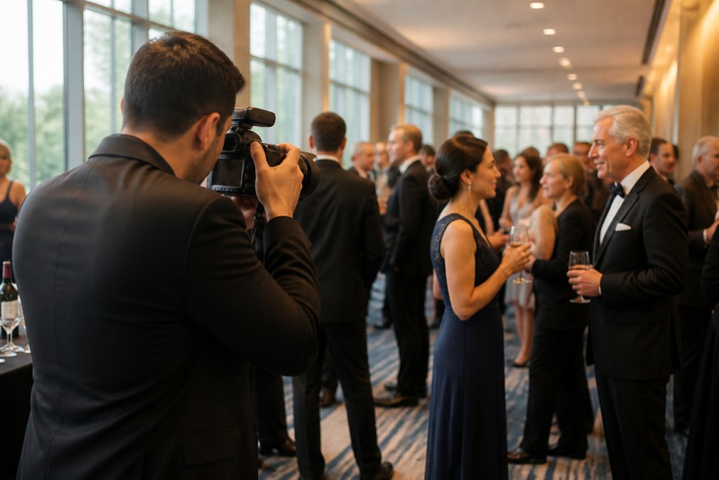 Professional photographer discreetly capturing candid moments at a corporate gala, with well-dressed attendees interacting naturally in the background, natural lighting illuminating genuine expressions