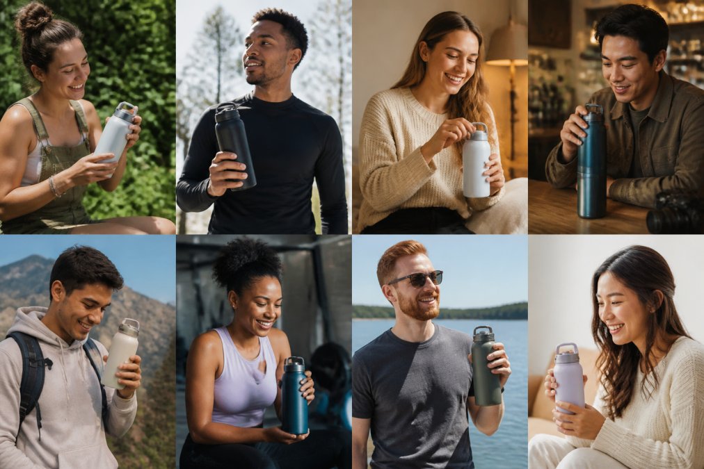 Diverse group of customers holding and using a product in real-world settings, with authentic expressions and genuine engagement, natural lighting showing varied environments