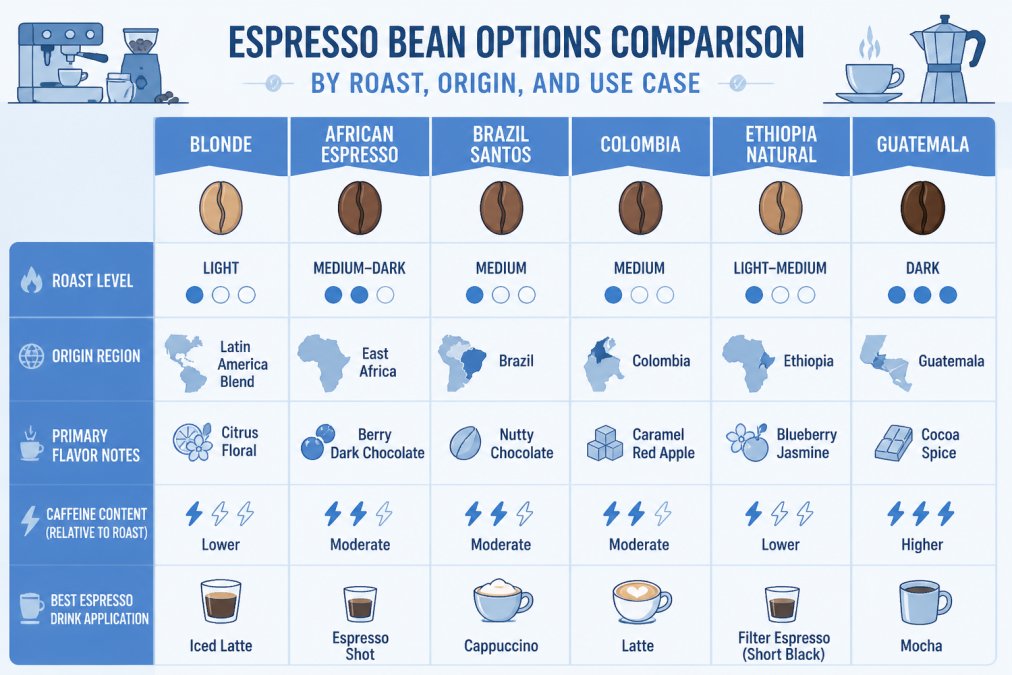 Comparison table detailing roast profiles, flavor notes, and ideal espresso applications for various bean origins.